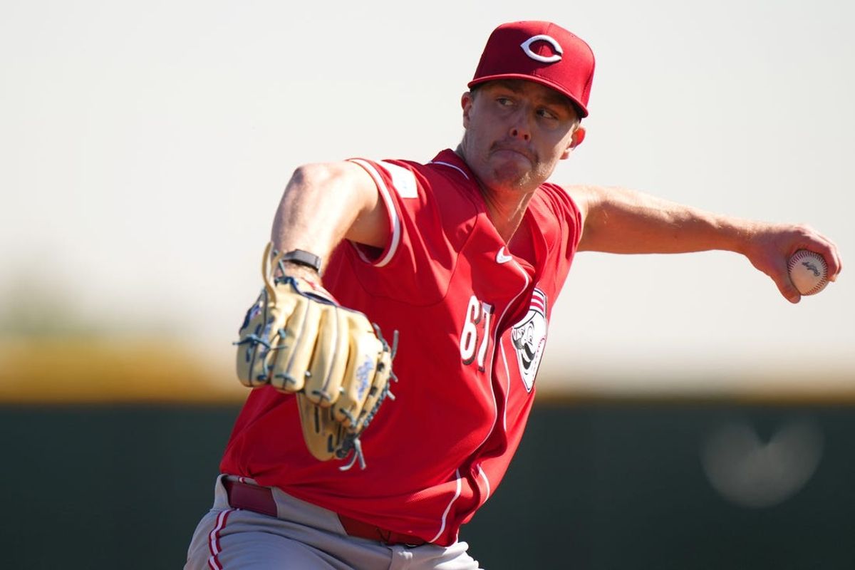 Feb 16, 2024; Goodyear, AZ, USA; Cincinnati Reds non-roster invitee pitcher Justin Bruihl (67) delivers live batting practice during spring training workouts. Mandatory Credit: Kareem Elgazzar/The Enquirer-USA TODAY Sports