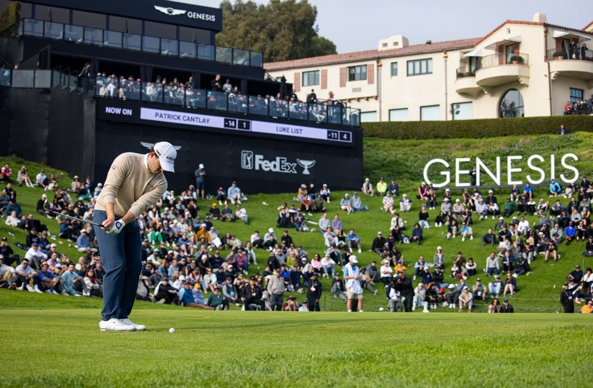 Feb 17, 2024; Pacific Palisades, California, USA; Patrick Cantlay on the eighteenth hole during the third round of The Genesis Invitational golf tournament at Riviera Country Club. Mandatory Credit: Jason Parkhurst-USA TODAY Sports