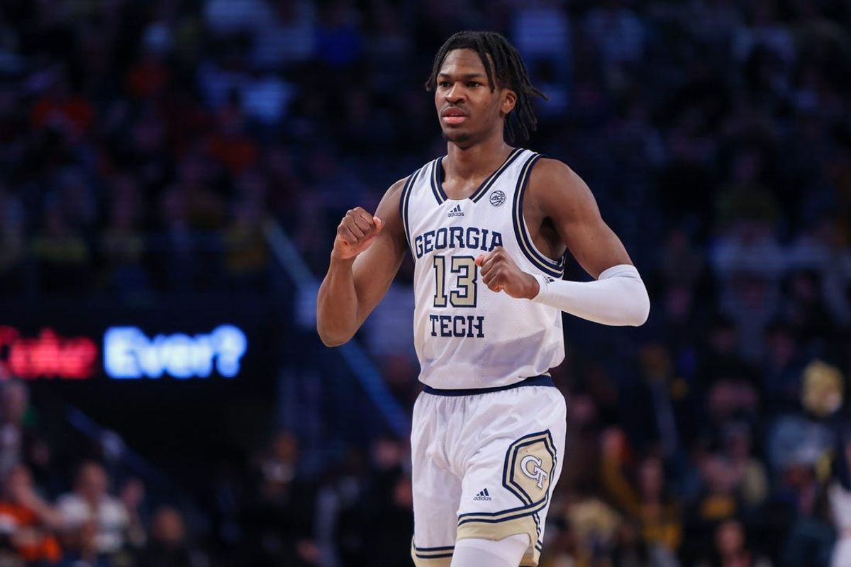 Feb 17, 2024; Atlanta, Georgia, USA; Georgia Tech Yellow Jackets guard Miles Kelly (13) reacts against the Syracuse Orange in the second half at McCamish Pavilion. Mandatory Credit: Brett Davis-USA TODAY Sports