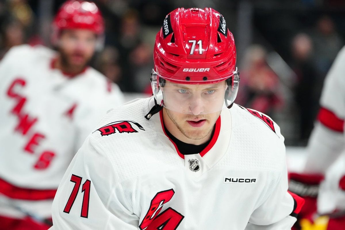 Feb 17, 2024; Las Vegas, Nevada, USA; Carolina Hurricanes right wing Jesper Fast (71) warms up before a game against the Vegas Golden Knights at T-Mobile Arena. Mandatory Credit: Stephen R. Sylvanie-Imagn Images