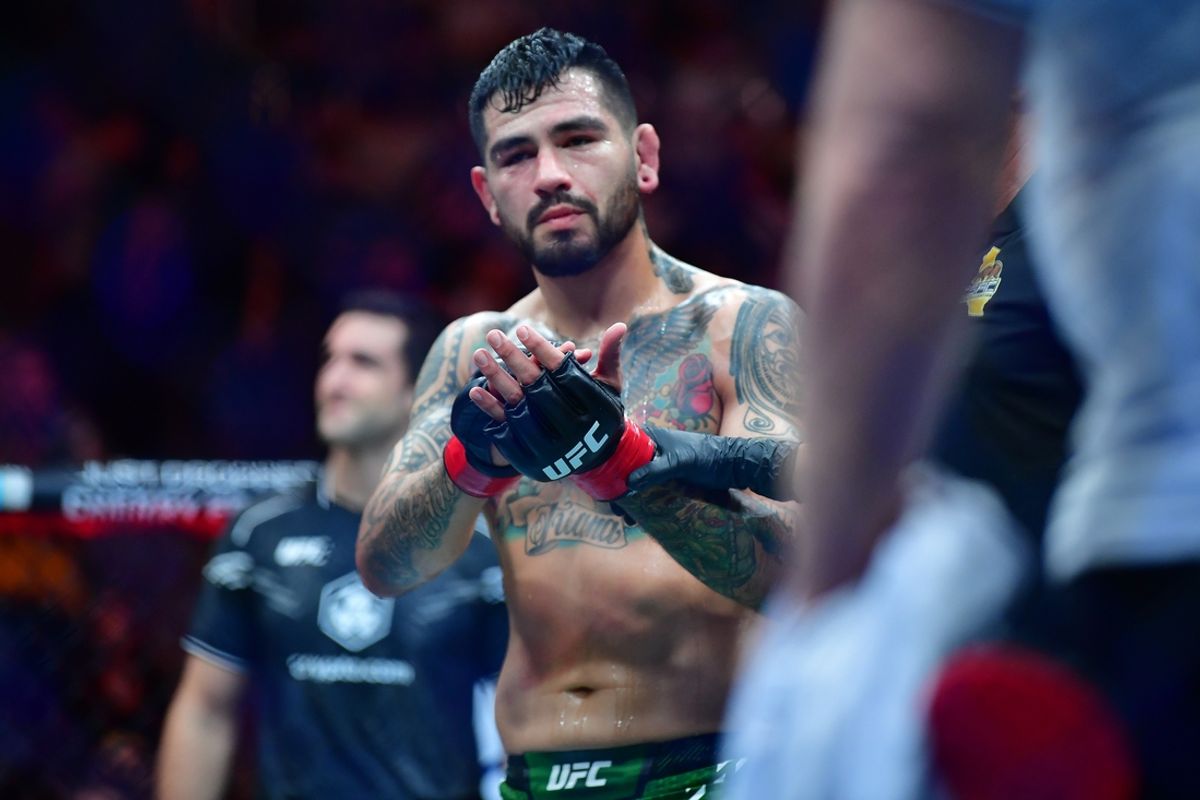 Feb 17, 2024; Anaheim, California, USA; Anthony Hernandez celebrates his victory against Roman Kopylov during UFC 298 at Honda Center. Mandatory Credit: Gary A. Vasquez-Imagn Images
