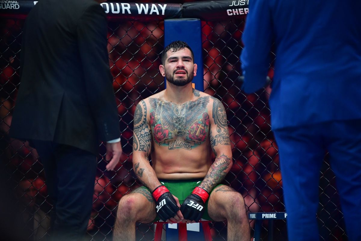 Feb 17, 2024; Anaheim, California, USA; Anthony Hernandez reacts following his victory against Roman Kopylov during UFC 298 at Honda Center. Mandatory Credit: Gary A. Vasquez-Imagn Images