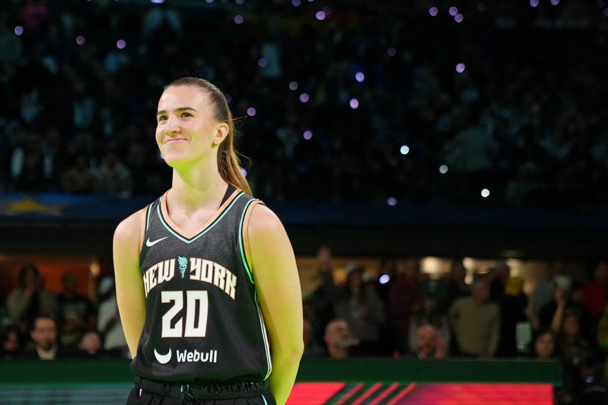 Feb 17, 2024; Indianapolis, IN, USA; New York Liberty guard Sabrina Ionescu (20) reacts after the Stephen vs Sebrina three-point challenge during NBA All Star Saturday Night at Lucas Oil Stadium. Mandatory Credit: Kyle Terada-USA TODAY Sports