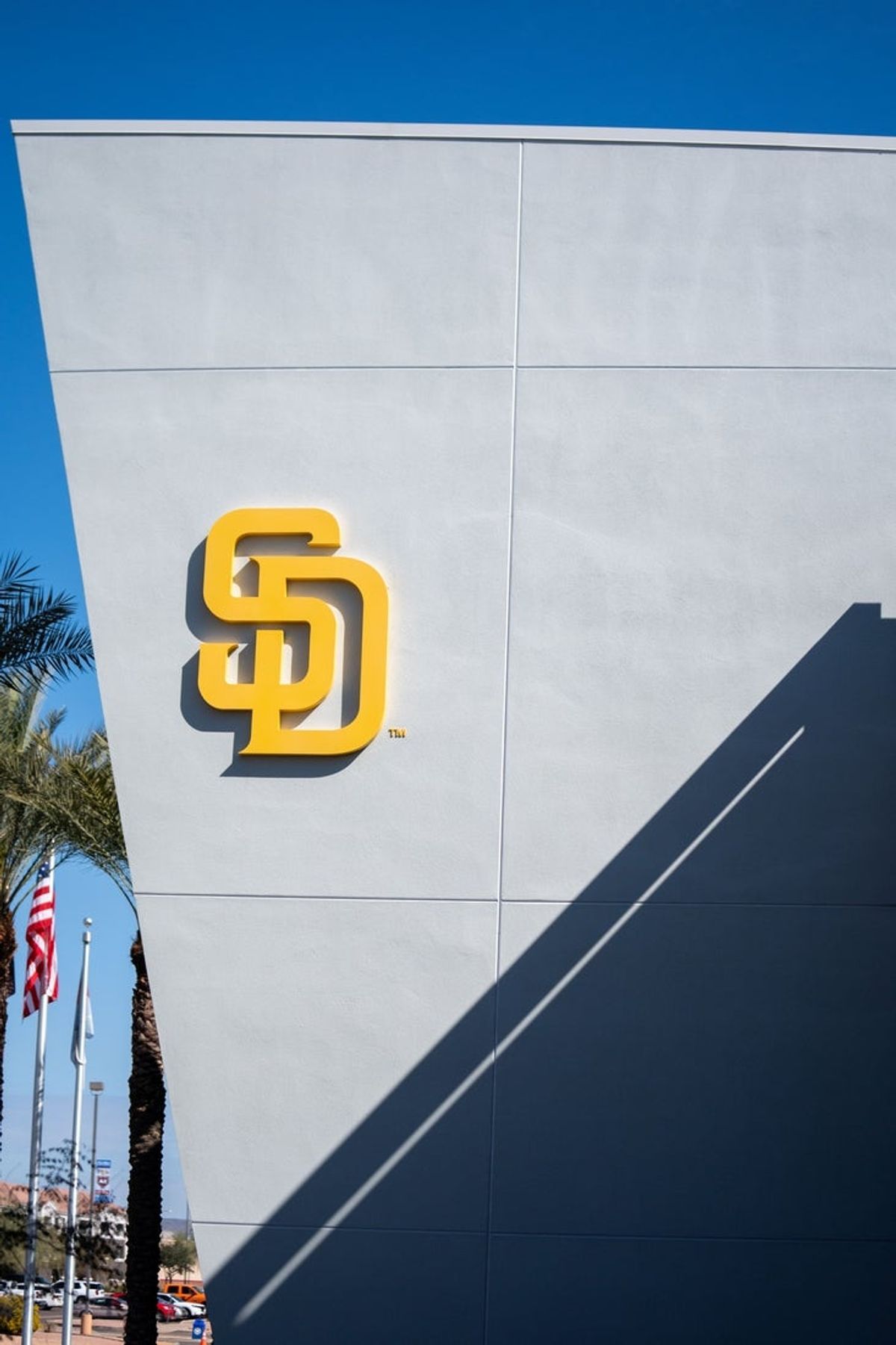 Feb 18, 2024; Peoria, AZ, USA; A general view of the San Diego Padres logo and clubhouse during a workout day at Peoria Sports Complex. Mandatory Credit: Allan Henry-Imagn Images