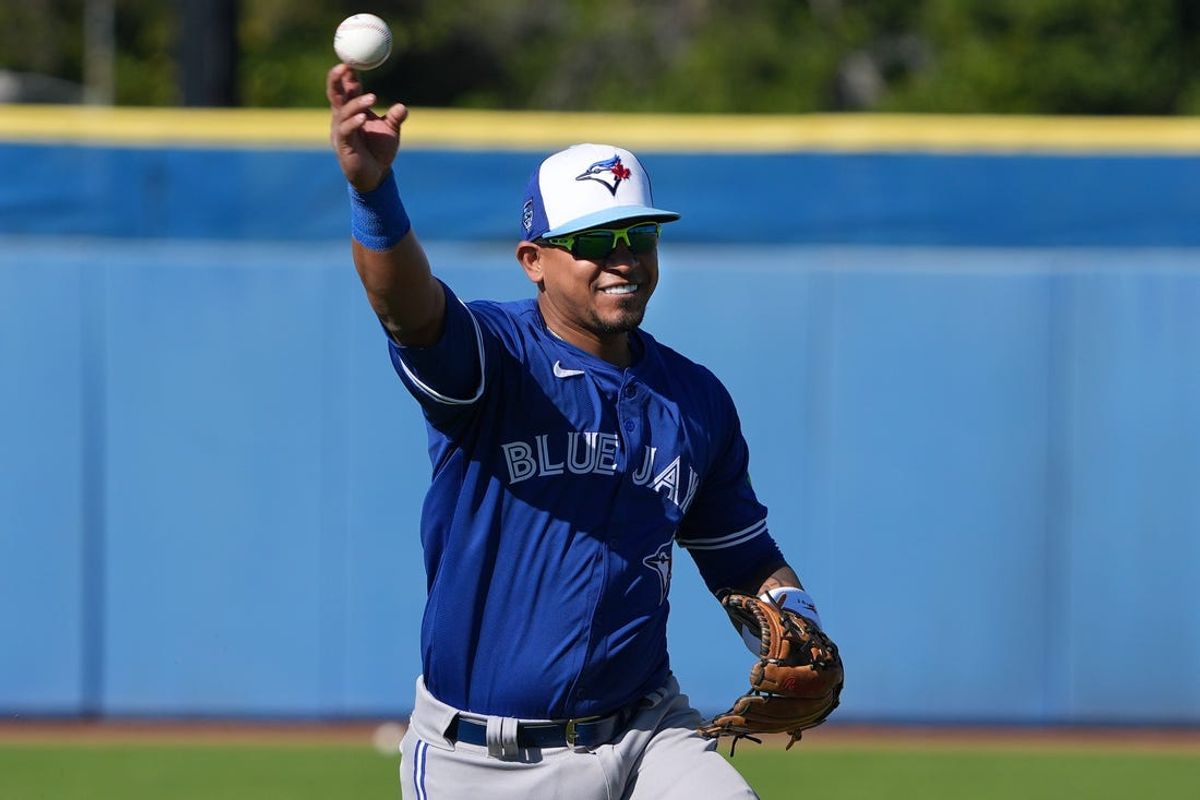 Feb 20, 2024; Dunedin, FL, USA;  Toronto Blue Jays third baseman Orelvis Martinez throws during a drill at Spring Training at the Blue Jays Player Development Complex. Mandatory Credit: Dave Nelson-USA TODAY Sports