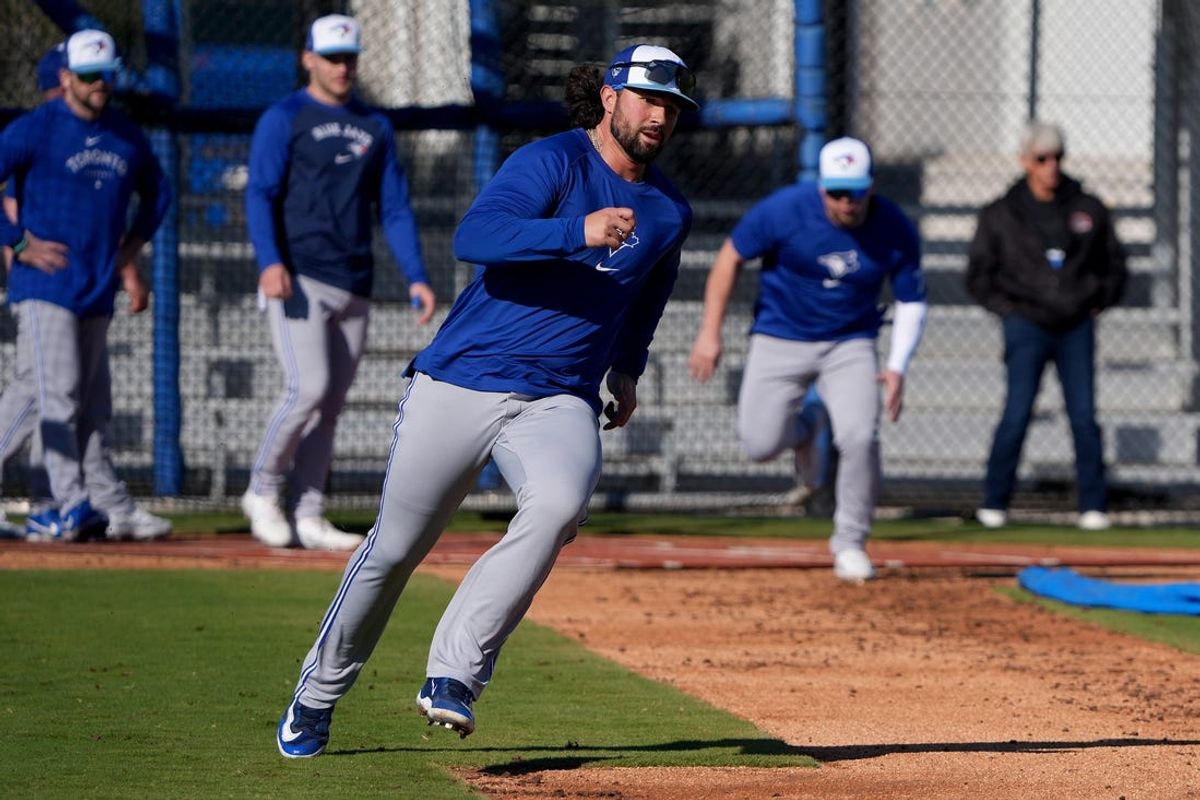 Feb 20, 2024; Dunedin, FL, USA; Toronto Blue Jays catcher Payton Henry (83) rounds first base during a base running drill at the Blue Jays Player Development Complex. Mandatory Credit: Dave Nelson-USA TODAY Sports
