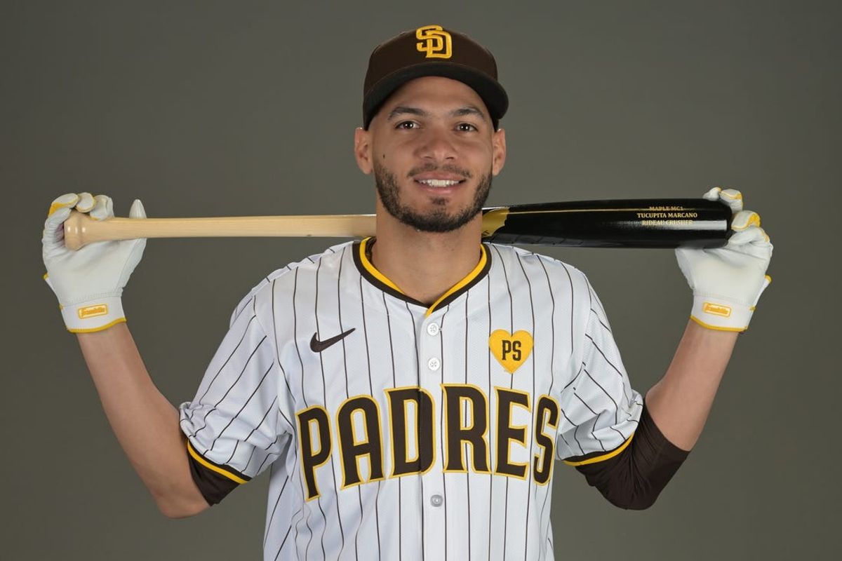 Feb 20, 2024; Peoria, AZ, USA;  San Diego Padres shortstop Tucupita Marcano (16) during media photo day at the Peoria Sports Complex. Mandatory Credit: Jayne Kamin-Oncea-USA TODAY Sports