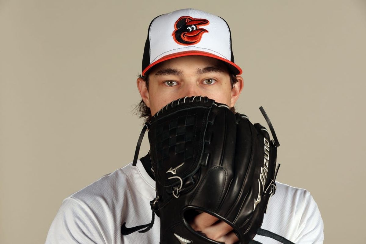 Feb 21, 2024; Sarasota, FL, USA; Baltimore Orioles pitcher Cade Povich (76) poses for a photo during photo day at Ed Smith Stadium. Mandatory Credit: Kim Klement Neitzel-USA TODAY Sports