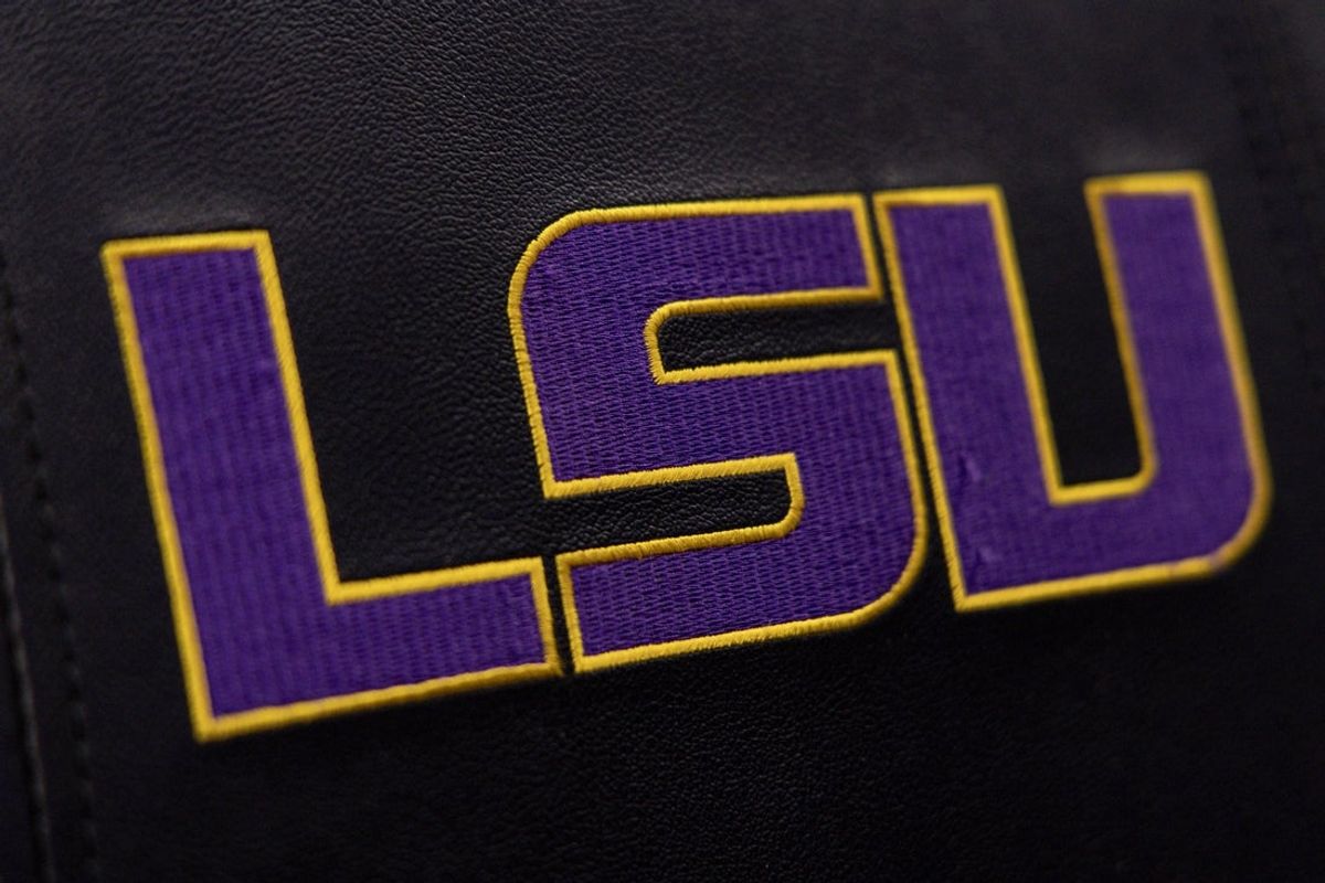 Feb 21, 2024; Baton Rouge, Louisiana, USA; Detailed view of the LSU Tigers logo on the the player chairs against the Kentucky Wildcats during the first half of the game at Pete Maravich Assembly Center. Mandatory Credit: Stephen Lew-Imagn Images