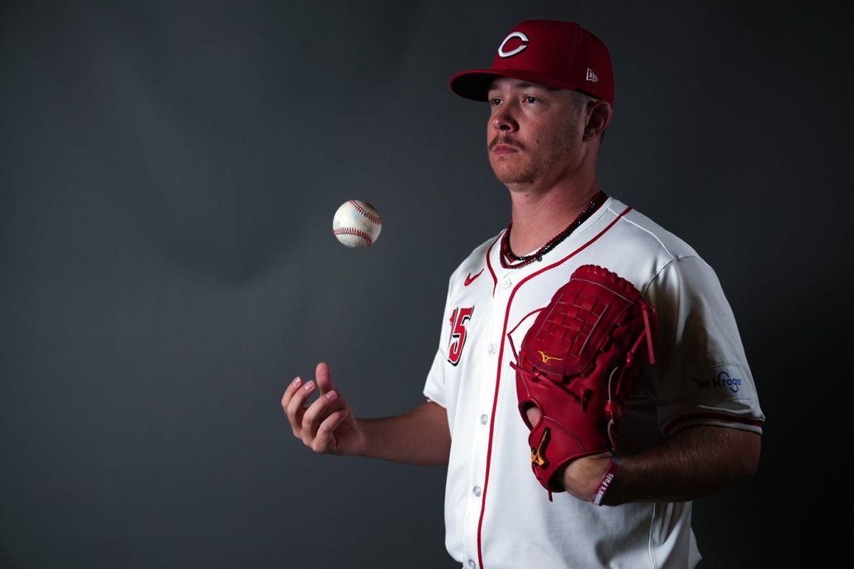 Feb 22, 2024; Goodyear, AZ, USA; Cincinnati Reds relief pitcher Emilio Pagan during media day at Goodyear Ballpark. Mandatory Credit: Kareem Elgazzar-USA TODAY Sports
