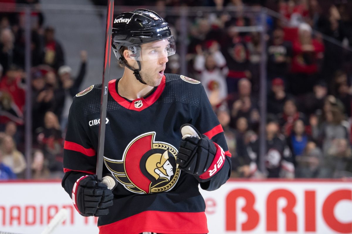 Feb 22, 2024; Ottawa, Ontario, CAN; Ottawa Senators center Josh Norris (9) celebrates his goal scored in the first period against the Dallas Stars at the Canadian Tire Centre. Mandatory Credit: Marc DesRosiers-Imagn Images