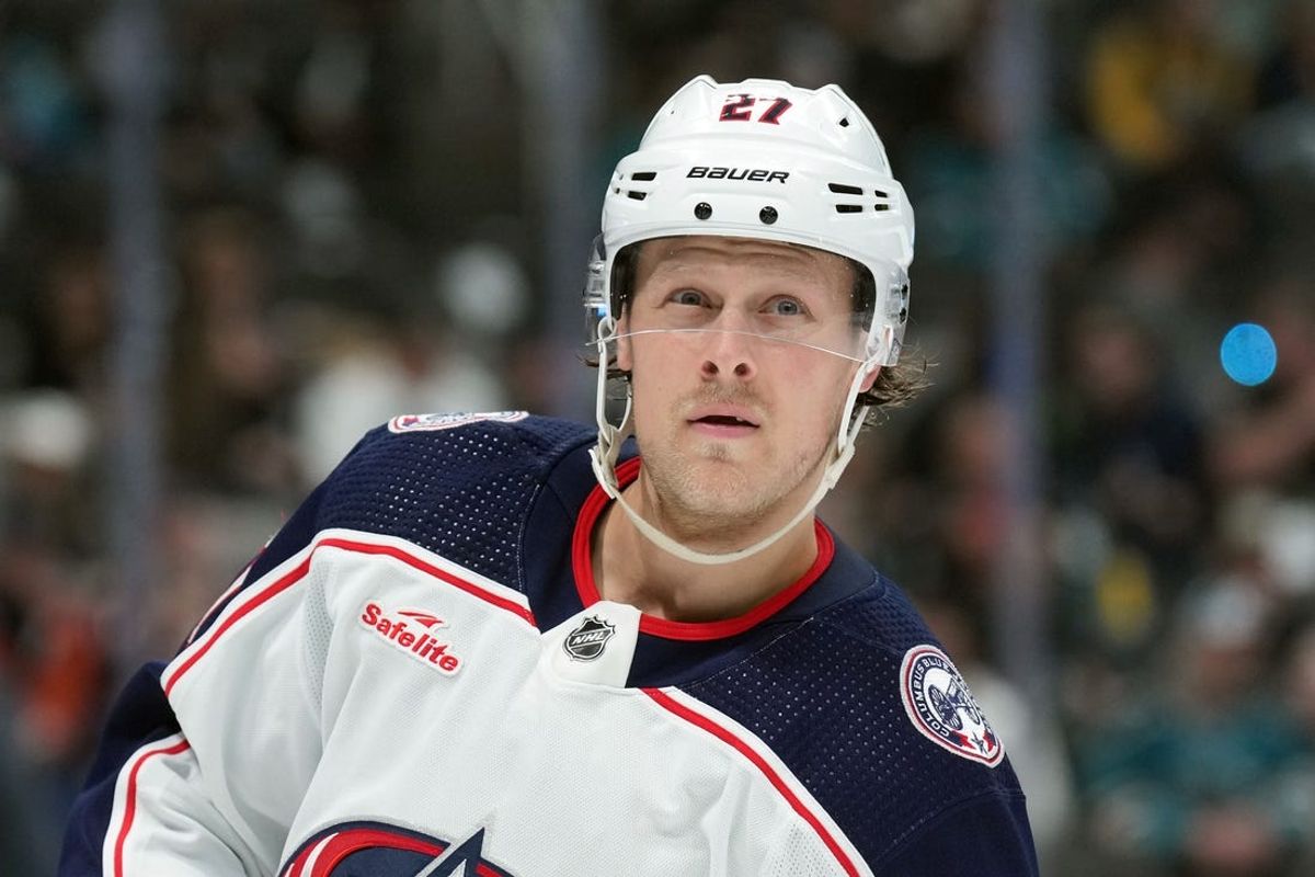 Feb 17, 2024; San Jose, California, USA; Columbus Blue Jackets defenseman Adam Boqvist (27) during the second period against the San Jose Sharks at SAP Center at San Jose. Mandatory Credit: Darren Yamashita-USA TODAY Sports