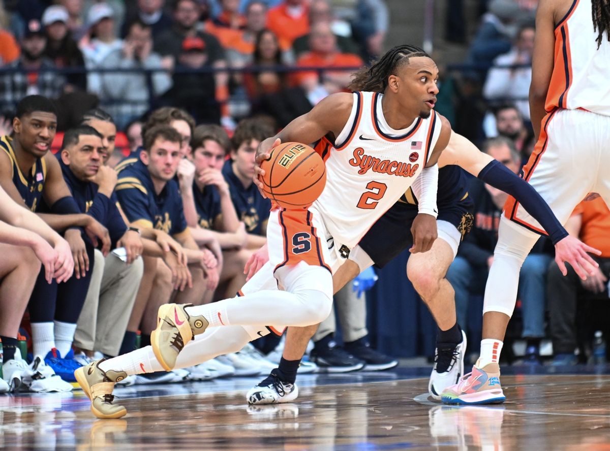 Feb 24, 2024; Syracuse, New York, USA; Syracuse Orange guard JJ Starling (2) drives the ball to the basket against the Notre Dame Fighting Irish in the first half at the JMA Wireless Dome. Mandatory Credit: Mark Konezny-Imagn Images