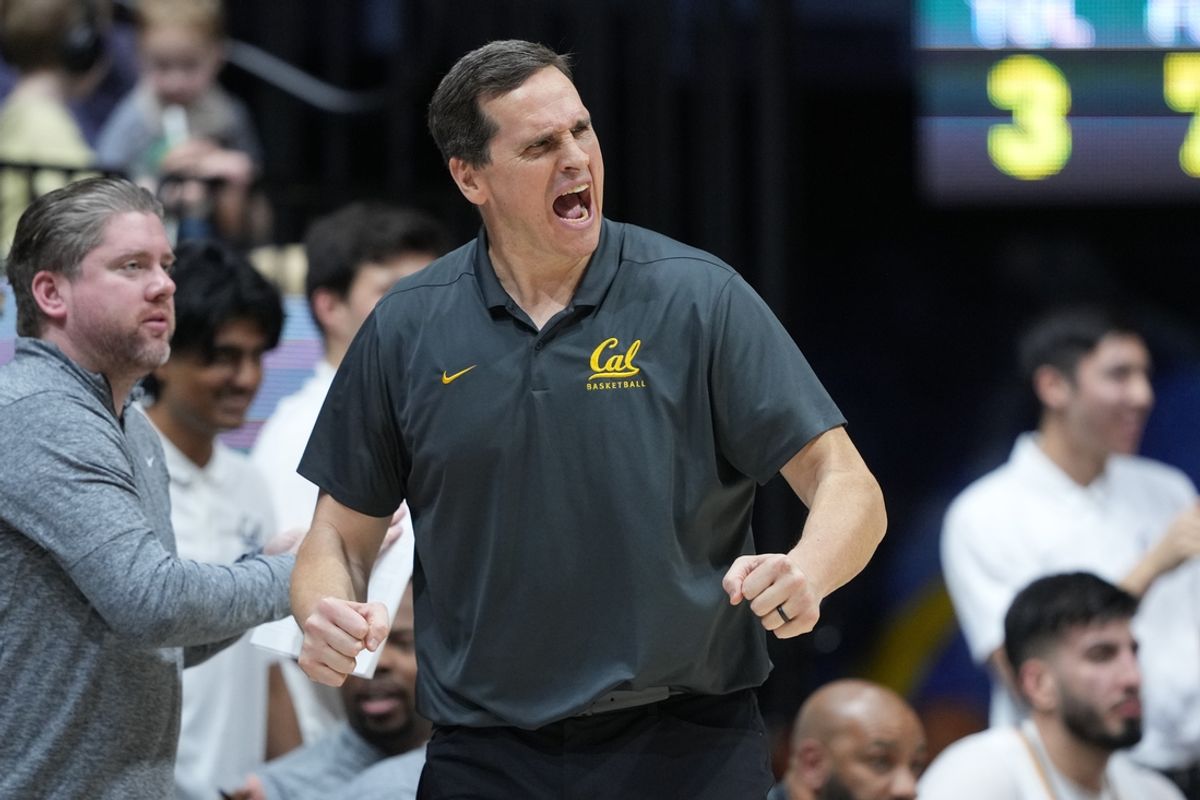 Feb 24, 2024; Berkeley, California, USA; California Golden Bears head coach Mark Madsen reacts during the first half against the Oregon Ducks at Haas Pavilion. Mandatory Credit: Darren Yamashita-Imagn Images