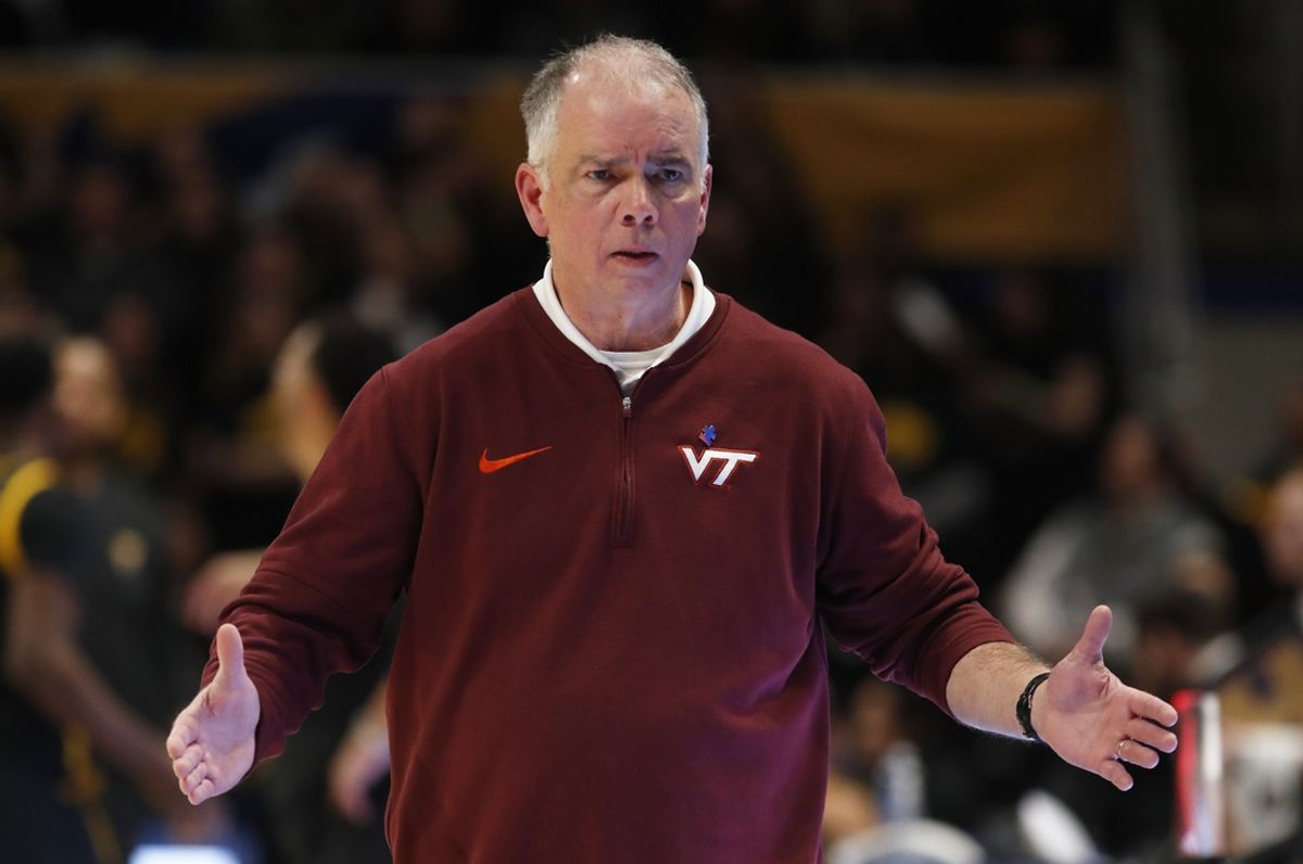 Feb 24, 2024; Pittsburgh, Pennsylvania, USA;  Virginia Tech Hokies head coach Mike Young reacts on the sidelines against the Pittsburgh Panthers during the second half at the Petersen Events Center. The Panthers won 79-64. Mandatory Credit: Charles LeClaire-Imagn Images