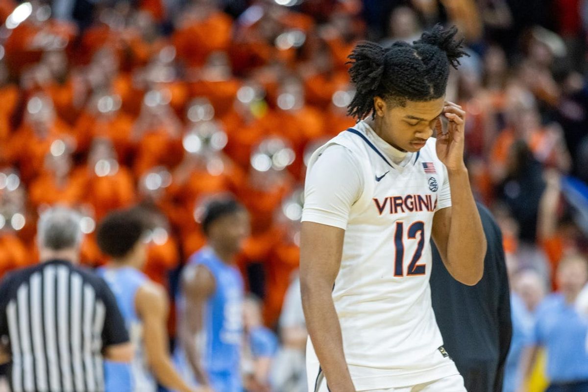 Feb 24, 2024; Charlottesville, Virginia, USA; Virginia Cavaliers guard Elijah Gertrude (12) walks off the court following the loss against the North Carolina Tar Heels at John Paul Jones Arena. Mandatory Credit: Hannah Pajewski-USA TODAY Sports