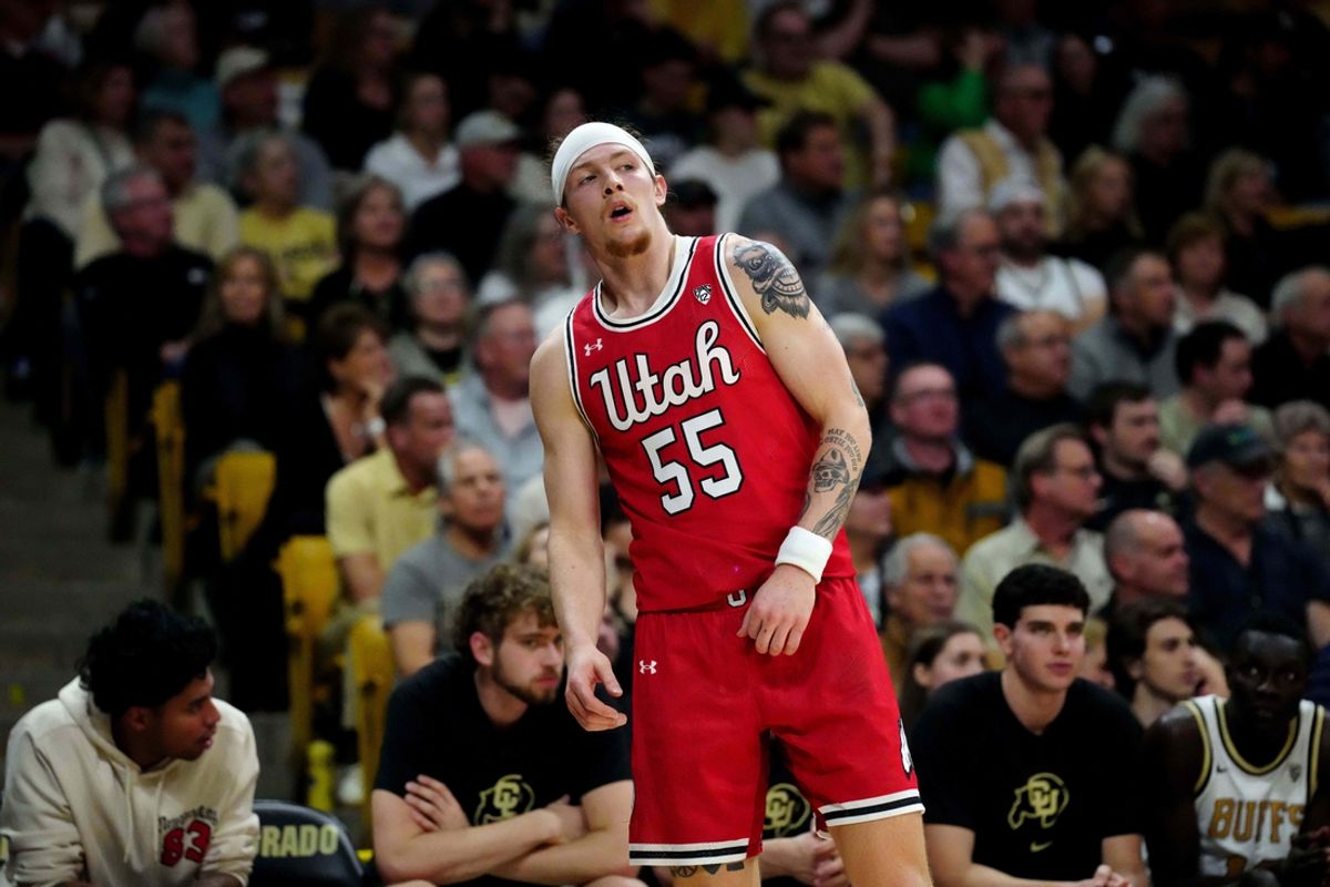 Feb 24, 2024; Boulder, Colorado, USA; Utah Utes guard Gabe Madsen (55) during the first half against the Colorado Buffaloes at the CU Events Center. Mandatory Credit: Ron Chenoy-Imagn Images