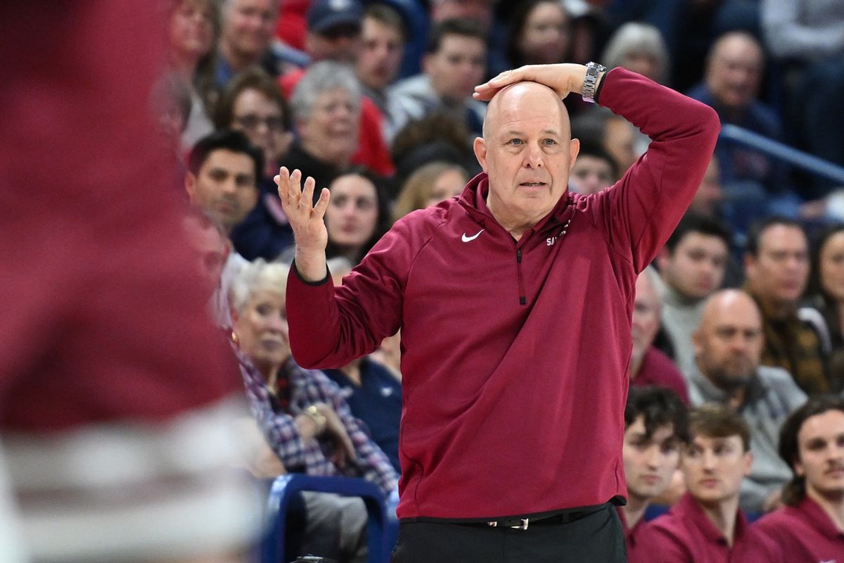 Feb 24, 2024; Spokane, Washington, USA; Santa Clara Broncos head coach Herb Sendek looks on against the Gonzaga Bulldogs in the first half at McCarthey Athletic Center. Mandatory Credit: James Snook-Imagn Images