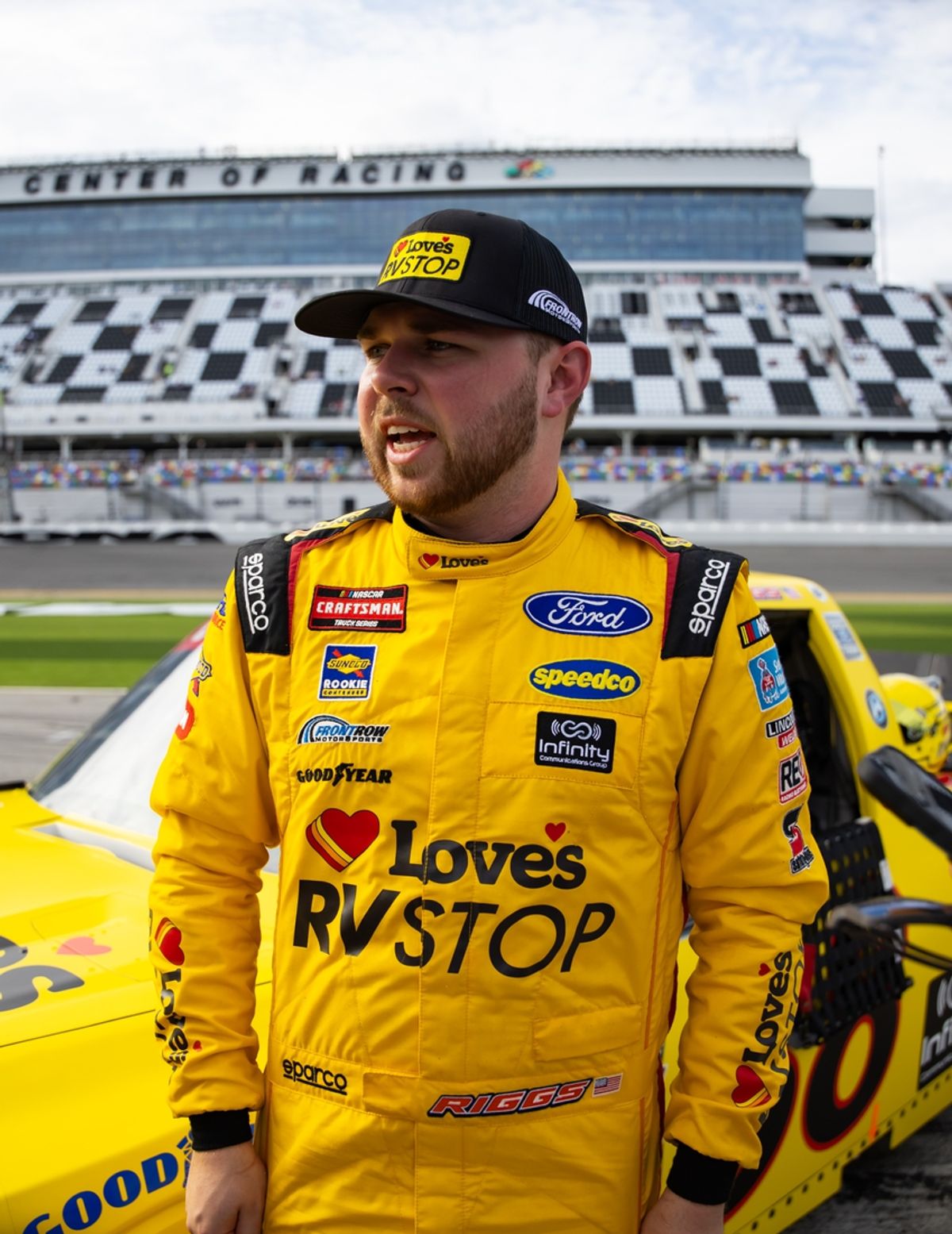 Feb 16, 2024; Daytona Beach, Florida, USA; NASCAR Truck Series driver Layne Riggs (38) during the Fresh From Florida 250 at Daytona International Speedway. Mandatory Credit: Mark J. Rebilas-Imagn Images