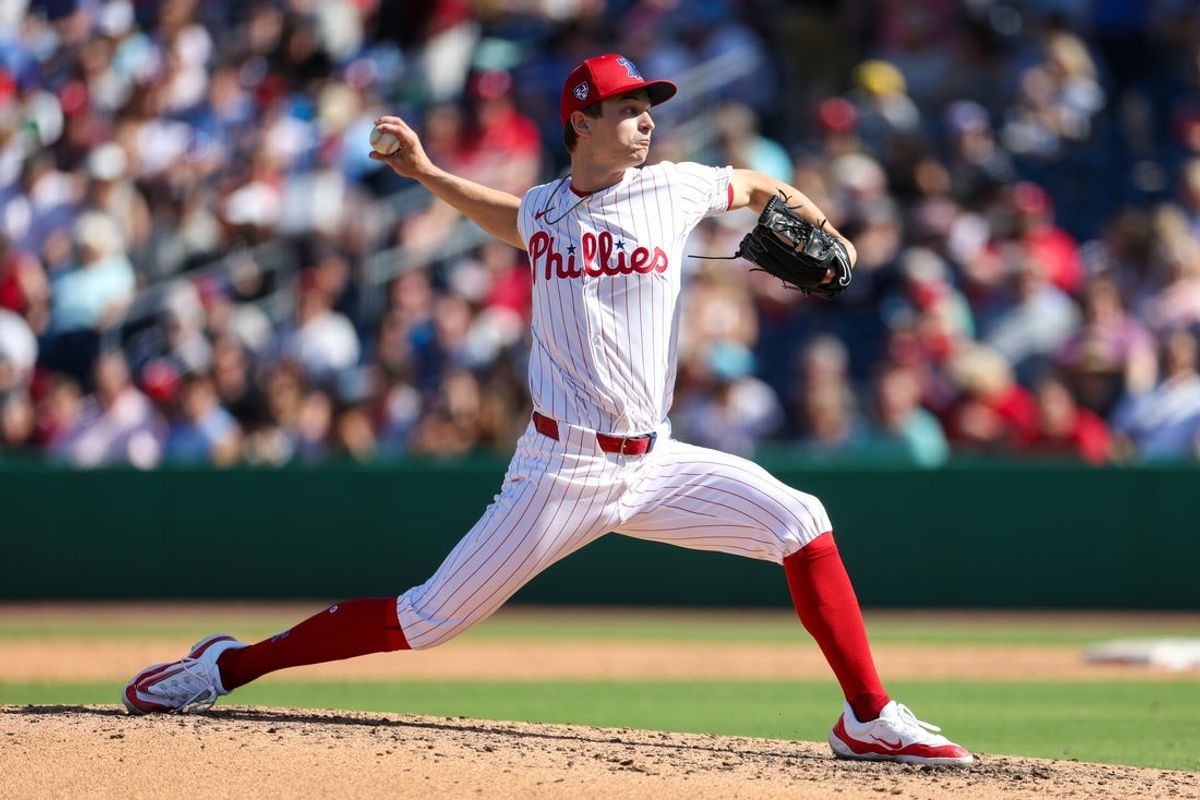 Feb 25, 2024; Clearwater, Florida, USA;  Philadelphia Phillies pitcher Mick Abel (74) throws a pitch against the New York Yankees in the sixth inning  at BayCare Ballpark. Mandatory Credit: Nathan Ray Seebeck-Imagn Images