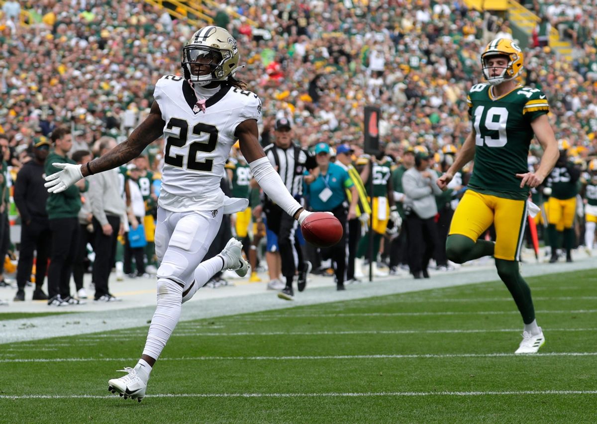 New Orleans Saints wide receiver Rashid Shaheed (22) scores a touchdown on punt against Green Bay Packers punter Daniel Whelan (19) in the second quarter during their football game Sunday, September 24, 2023, at Lambeau Field in Green Bay, Wis. 
Dan Powers/USA TODAY NETWORK-Wisconsin.