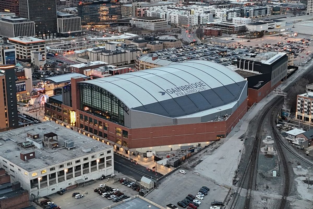 Feb 27, 2024; Indianapolis, IN, USA; A general overall aerial view of the Gainbridge Fieldhouse. The arena is the home of the Indiana Pacers. Mandatory Credit: Kirby Lee-USA TODAY Sports