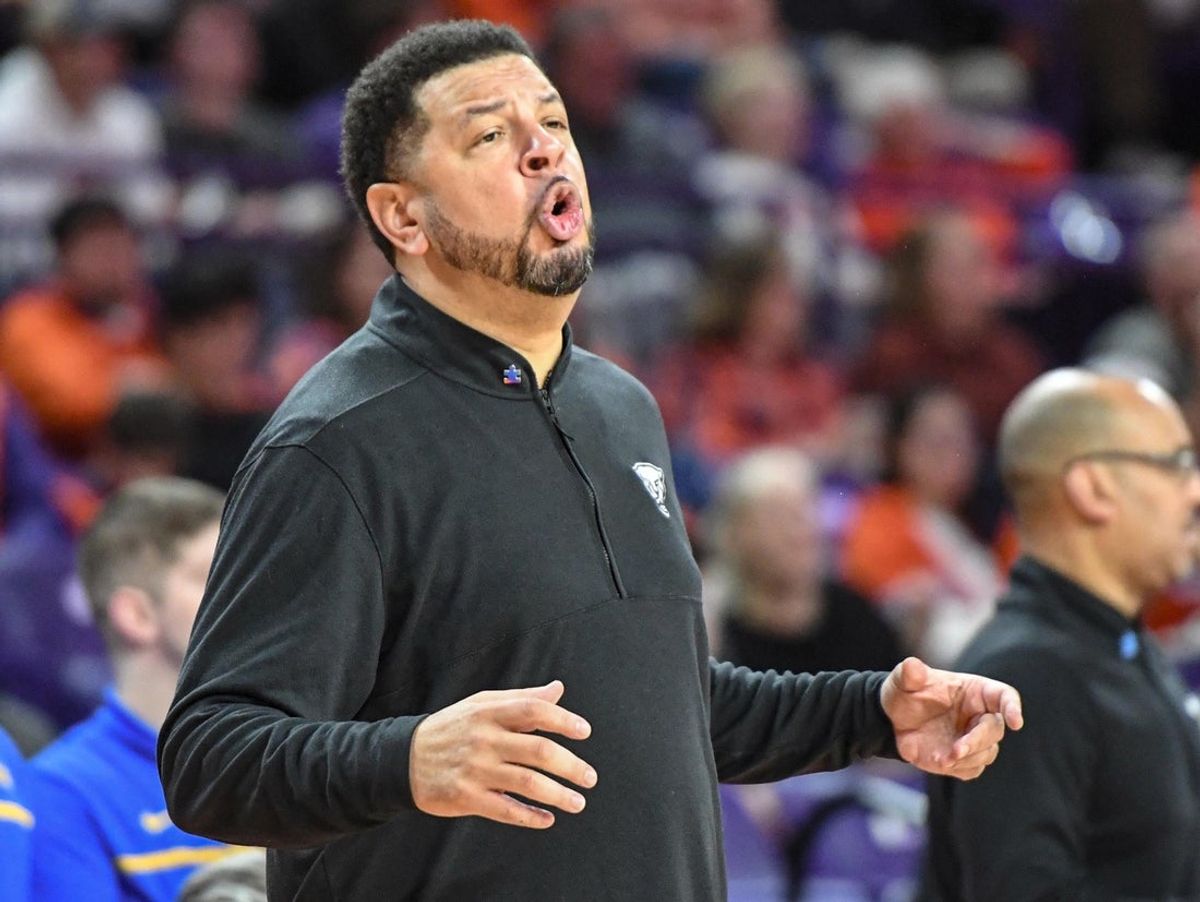 Feb 27, 2024; Clemson, South Carolina, USA;  Pitt Head Coach Jeff Capel  during the first half at Littlejohn Coliseum. Mandatory Credit: Ken Ruinard-Imagn Images