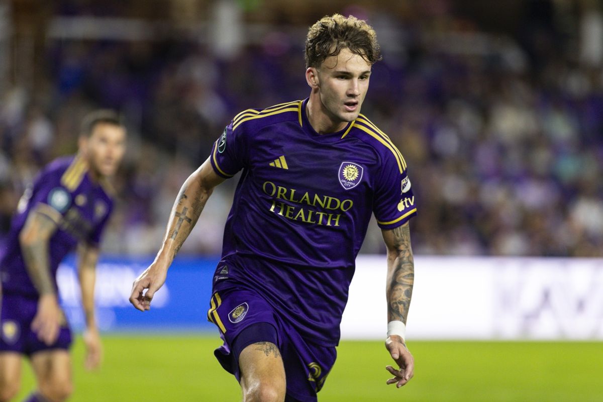 Feb 27, 2024; Orlando, FL, USA; Orlando City defender Michael Halliday (26) runs to the ball against Calvary FC in the second half at Inter&Co Stadium. Mandatory Credit: Morgan Tencza-Imagn Images