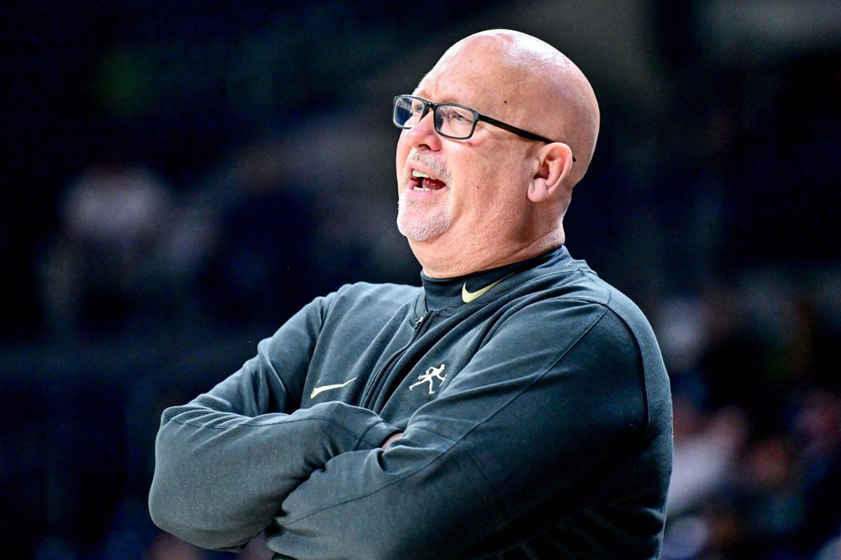 Feb 27, 2024; South Bend, Indiana, USA; Wake Forest Demon Deacons head coach Steve Forbes watches in the first half against the Notre Dame Fighting Irish at the Purcell Pavilion. Mandatory Credit: Matt Cashore-Imagn Images