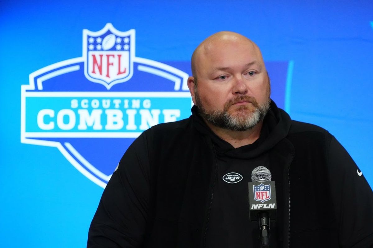 Feb 28, 2024; Indianapolis, IN, USA; New York Jets general manager Joe Douglas speaks at a press conference at the NFL Scouting Combine at Indiana Convention Center. Mandatory Credit: Kirby Lee-Imagn Images