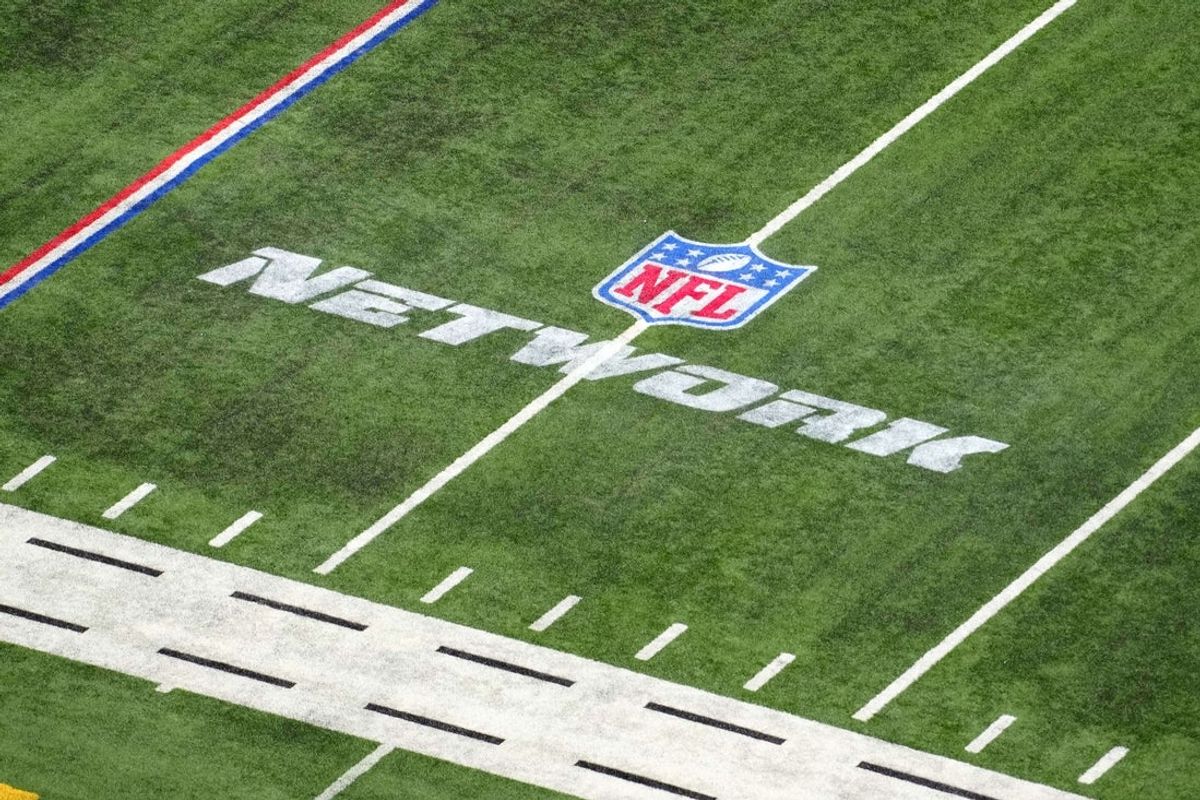 Feb 28, 2024; Indianapolis, IN, USA; The NFL Network logo on the field at Lucas Oil Stadium. Mandatory Credit: Kirby Lee-Imagn Images