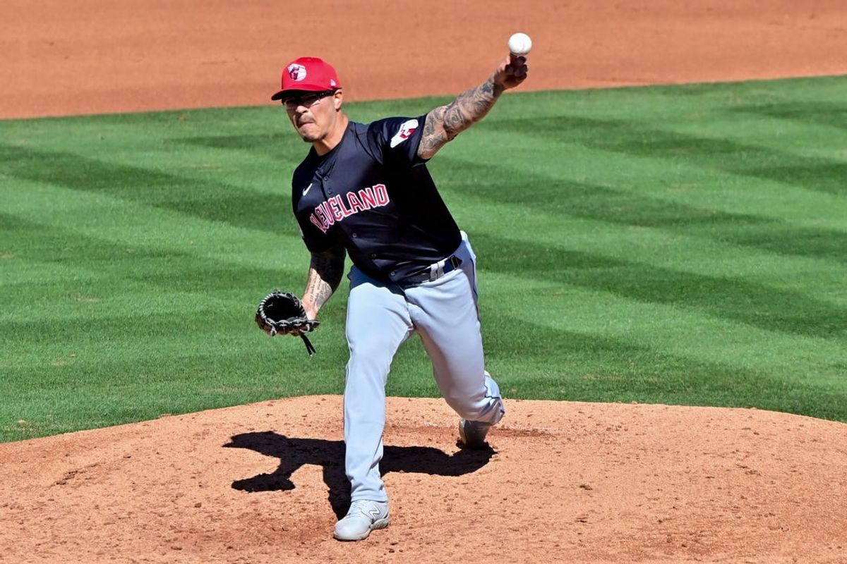Feb 29, 2024; Tempe, Arizona, USA;  Cleveland Guardians pitcher Anthony Banda (43) throws in the fourth inning against the Cleveland Guardians during a spring training game at Tempe Diablo Stadium. Mandatory Credit: Matt Kartozian-USA TODAY Sports