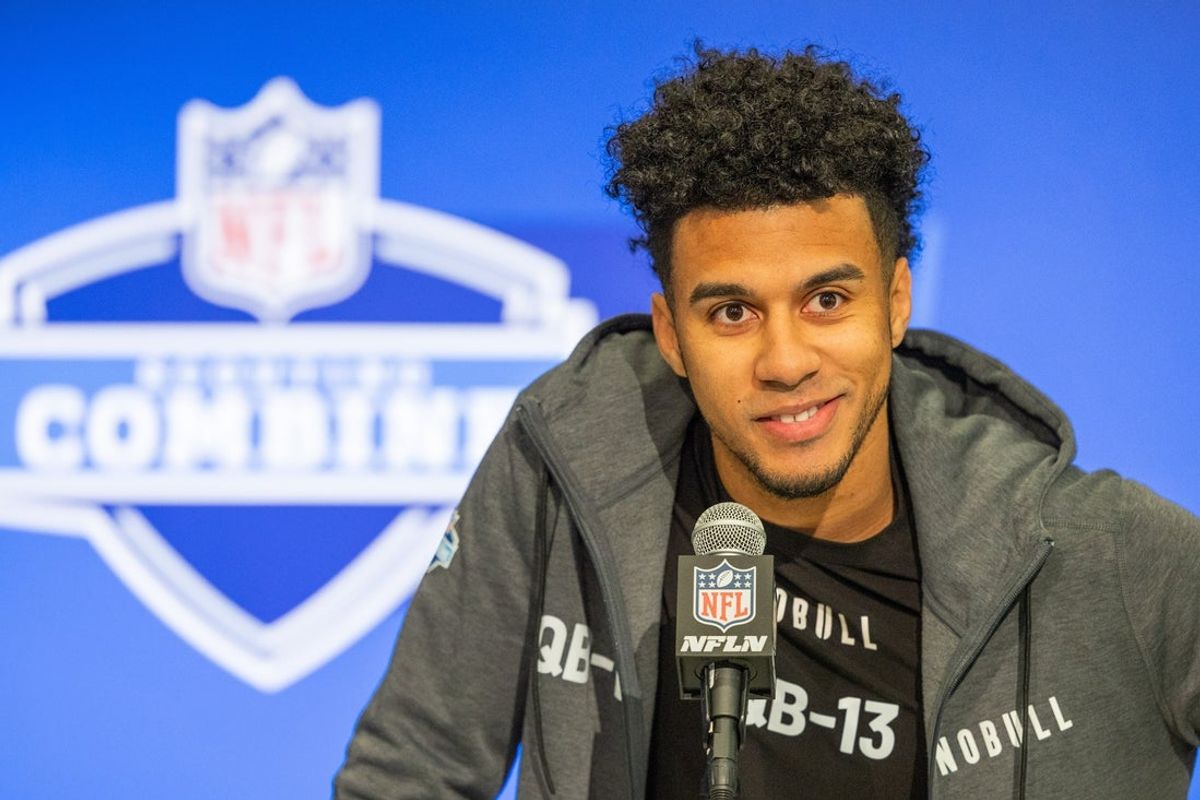 Mar 1, 2024; Indianapolis, IN, USA;  Florida State quarterback Jordan Travis (QB13) talks to the media during the 2024 NFL Combine at Lucas Oil Stadium. Mandatory Credit: Trevor Ruszkowski-Imagn Images
