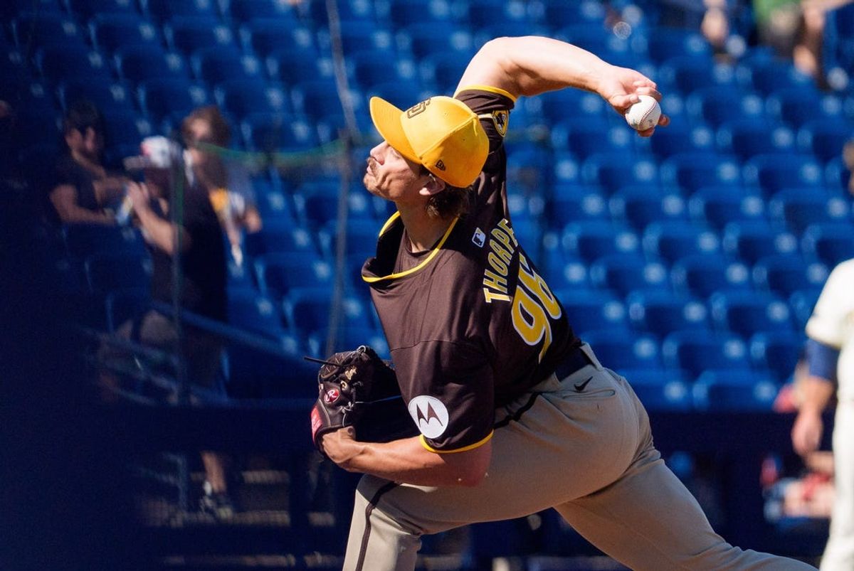 Mar 1, 2024; Phoenix, Arizona, USA;  San Diego Padres pitcher Drew Thorpe (96) on the mound in the third during a spring training game against the Milwaukee Brewers at American Family Fields of Phoenix. Mandatory Credit: Allan Henry-USA TODAY Sports