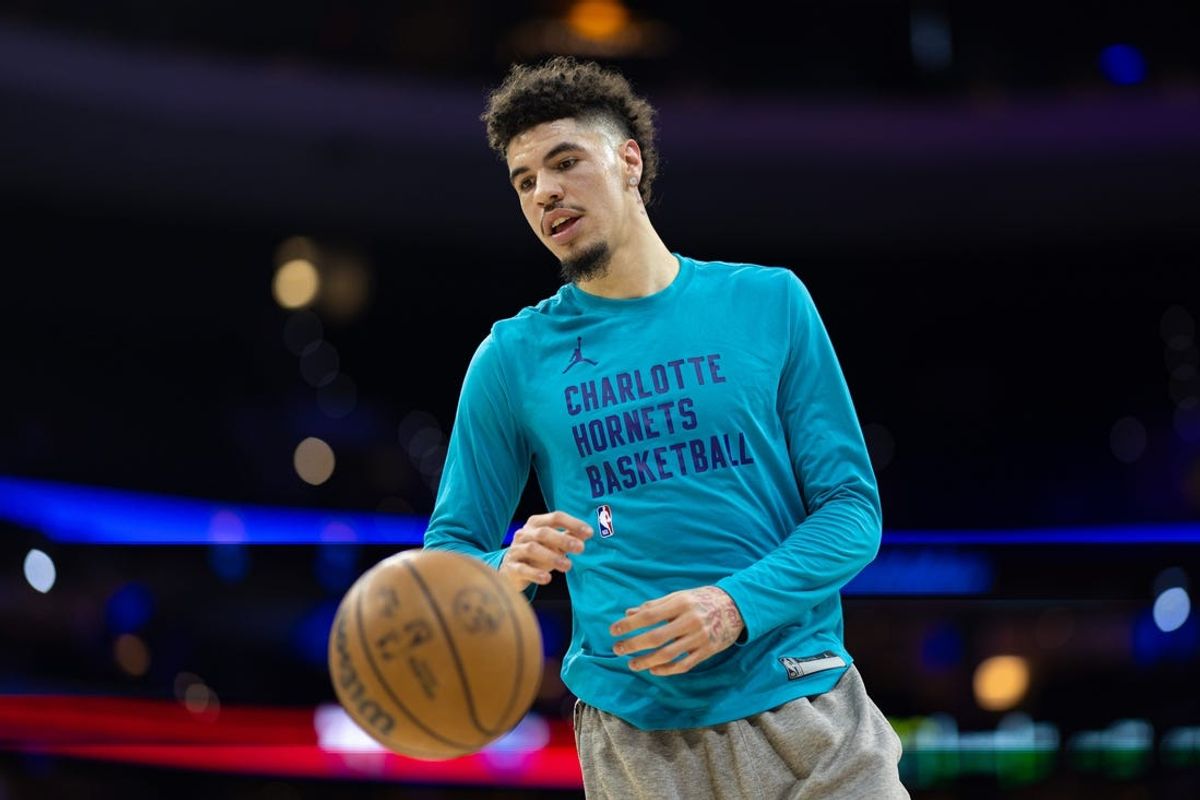 Mar 1, 2024; Philadelphia, Pennsylvania, USA; Charlotte Hornets guard LaMelo Ball practices before a game against the Philadelphia 76ers at Wells Fargo Center. Mandatory Credit: Bill Streicher-USA TODAY Sports