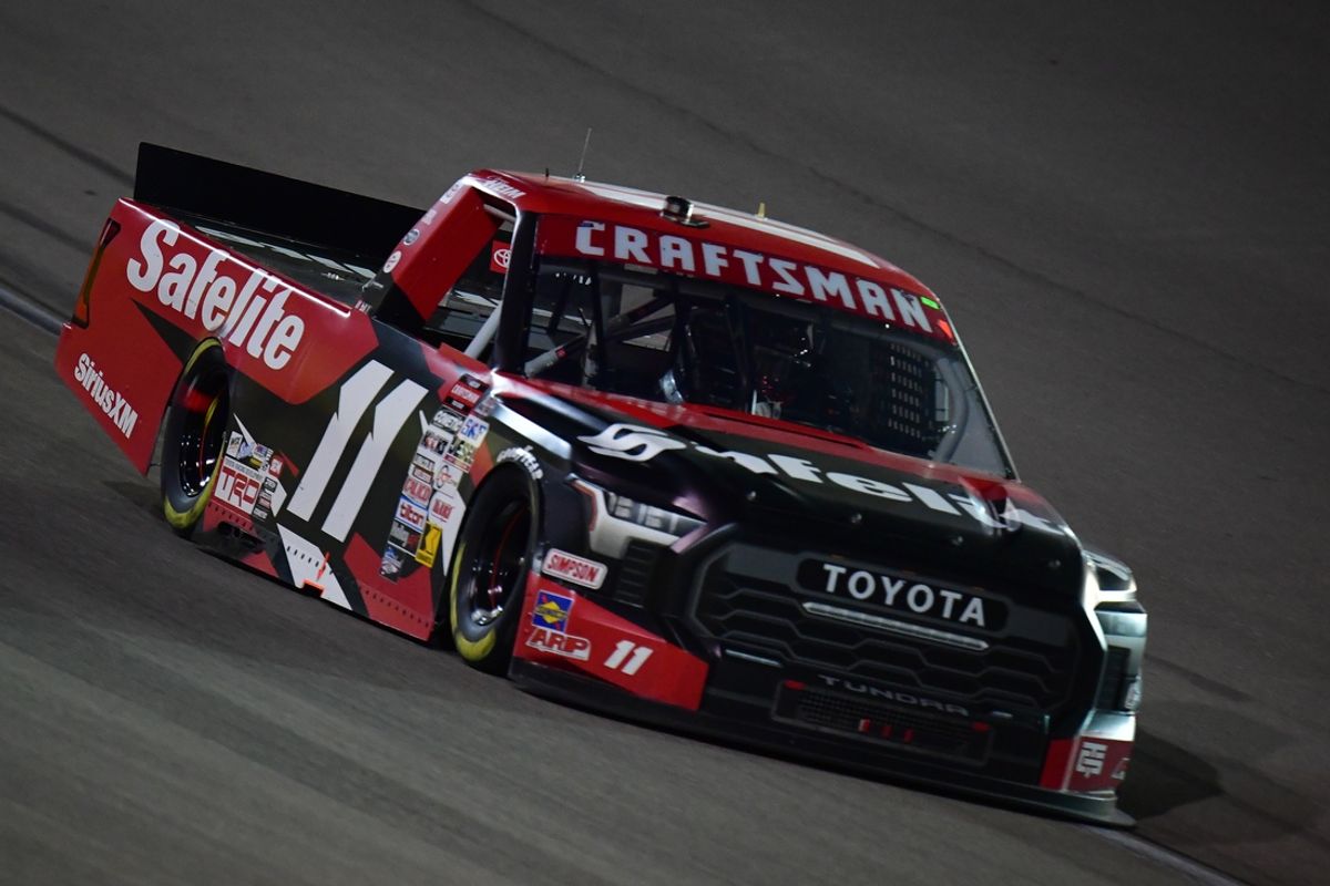 Mar 1, 2024; Las Vegas, Nevada, USA; NASCAR Truck Series driver Corey Heim (11) during the Victorias Voice Foundation 200 at Las Vegas Motor Speedway. Mandatory Credit: Gary A. Vasquez-Imagn Images