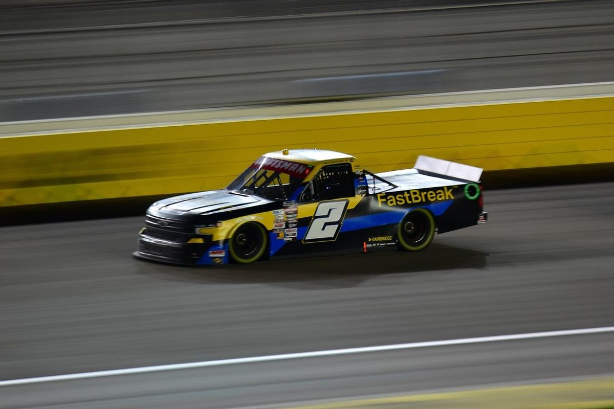 Mar 1, 2024; Las Vegas, Nevada, USA; NASCAR Truck Series driver Nick Sanchez (2) during the Victorias Voice Foundation 200 at Las Vegas Motor Speedway. Mandatory Credit: Gary A. Vasquez-USA TODAY Sports