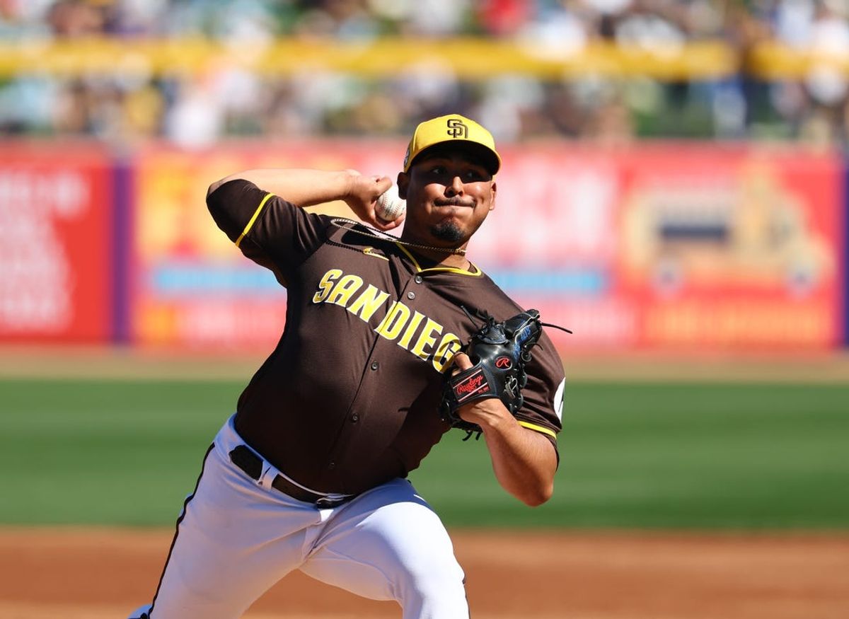 Feb 22, 2024; Peoria, Arizona, USA; San Diego Padres pitcher Jeremiah Estrada against the Los Angeles Dodgers during a spring training game at Peoria Sports Complex. Mandatory Credit: Mark J. Rebilas-USA TODAY Sports