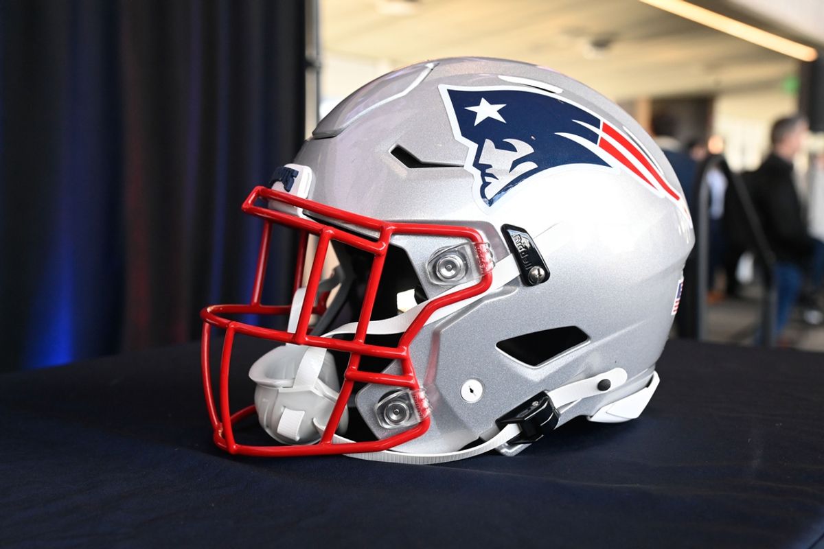 Jan 17, 2024; Foxborough, MA, USA; A New England Patriots helmet sits on a table at Gillette Stadium. Mandatory Credit: Eric Canha-Imagn Images