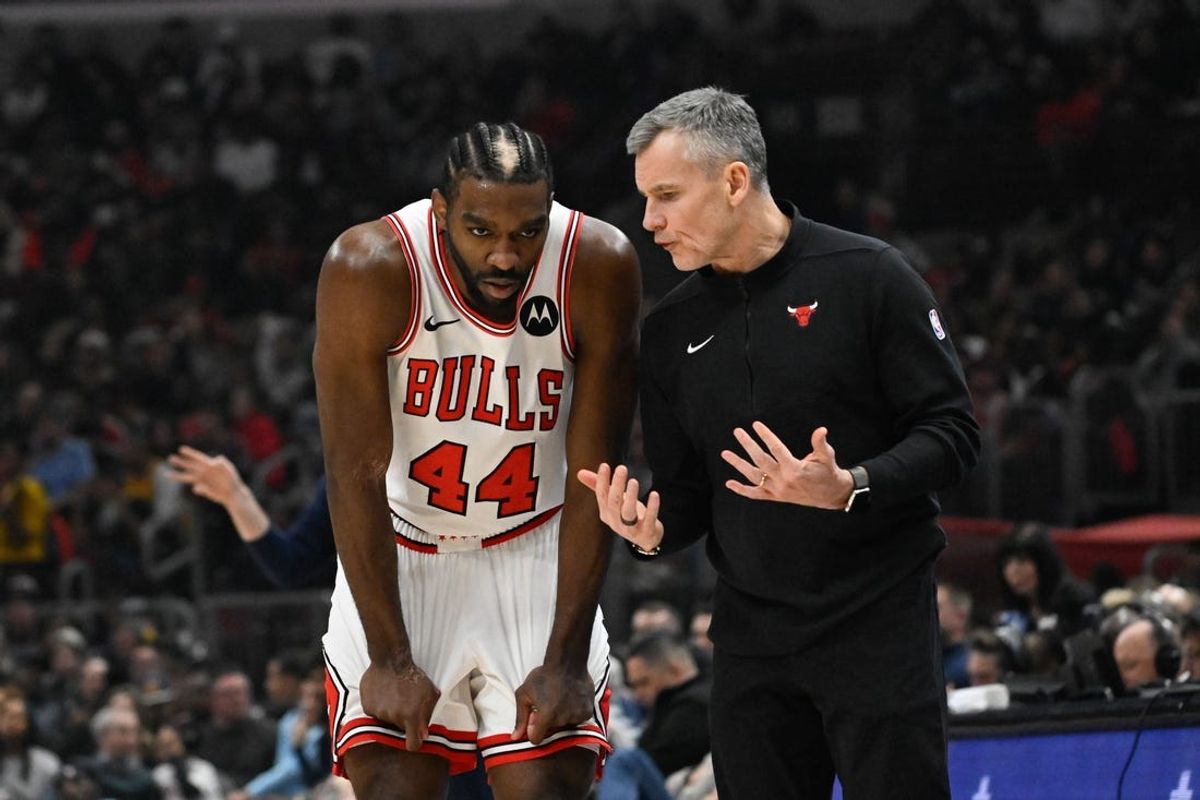 Jan 20, 2024; Chicago, Illinois, USA;  Chicago Bulls forward Patrick Williams (44) talks with head coach Billy Donovan during the second half against the Memphis Grizzlies at the United Center. Mandatory Credit: Matt Marton-USA TODAY Sports
