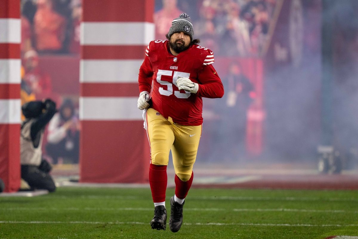 January 20, 2024; Santa Clara, CA, USA; San Francisco 49ers guard Jon Feliciano (55) before a 2024 NFC divisional round game against the Green Bay Packers at Levi's Stadium. Mandatory Credit: Kyle Terada-Imagn Images