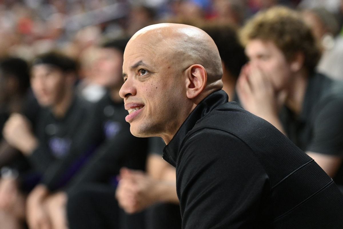 Feb 7, 2024; Spokane, Washington, USA; Portland Pilots head coach Shantay Legans looks on against the Gonzaga Bulldogs in the second half at McCarthey Athletic Center. Mandatory Credit: James Snook-Imagn Images