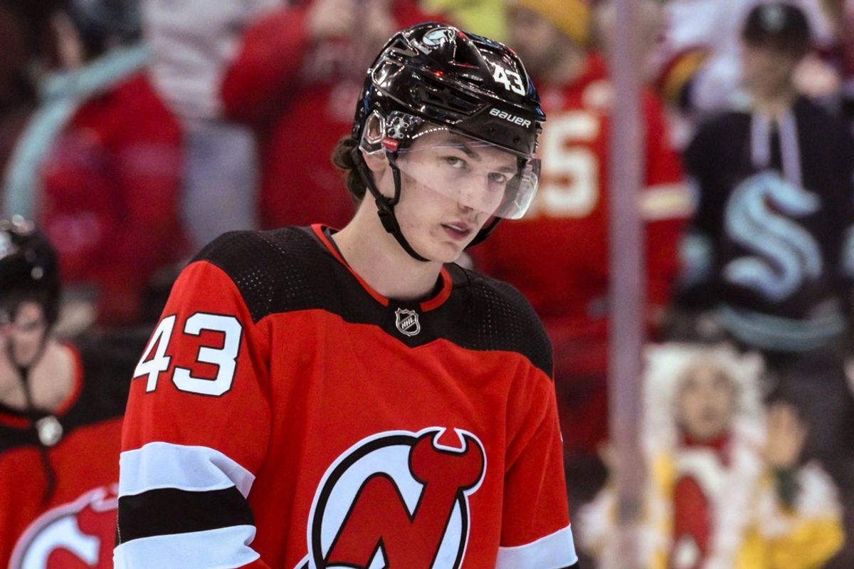 Feb 12, 2024; Newark, New Jersey, USA; New Jersey Devils defenseman Luke Hughes (43) warms up before a game against the Seattle Kraken at Prudential Center. Mandatory Credit: John Jones-Imagn Images