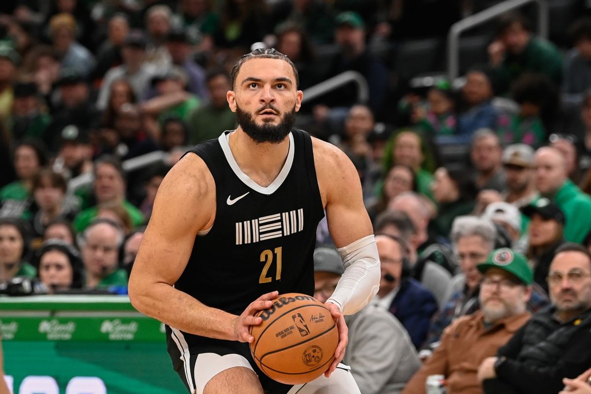 Feb 4, 2024; Boston, Massachusetts, USA; Memphis Grizzlies forward David Roddy (21) shoots the ball during the second half against the Boston Celtics at TD Garden. Mandatory Credit: Eric Canha-USA TODAY Sports