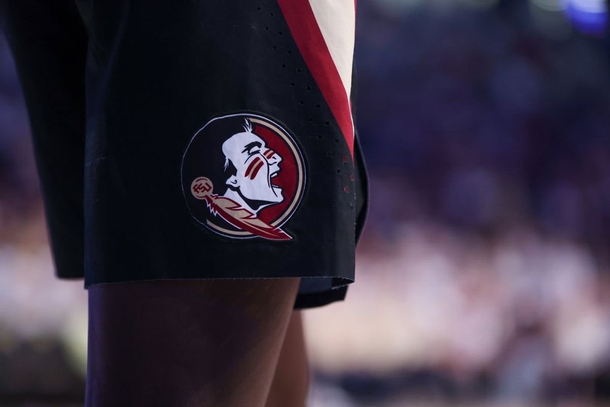 Mar 2, 2024; Atlanta, Georgia, USA; A detailed view of a Florida State Seminoles logo against the Georgia Tech Yellow Jackets in the second half at McCamish Pavilion. Mandatory Credit: Brett Davis-Imagn Images