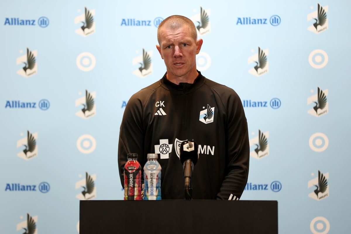 Mar 2, 2024; Saint Paul, Minnesota, USA; Minnesota United interim head coach Cameron Knowles talks to the press after the game against the Columbus Crew at Allianz Field. Mandatory Credit: Matt Krohn-Imagn Images