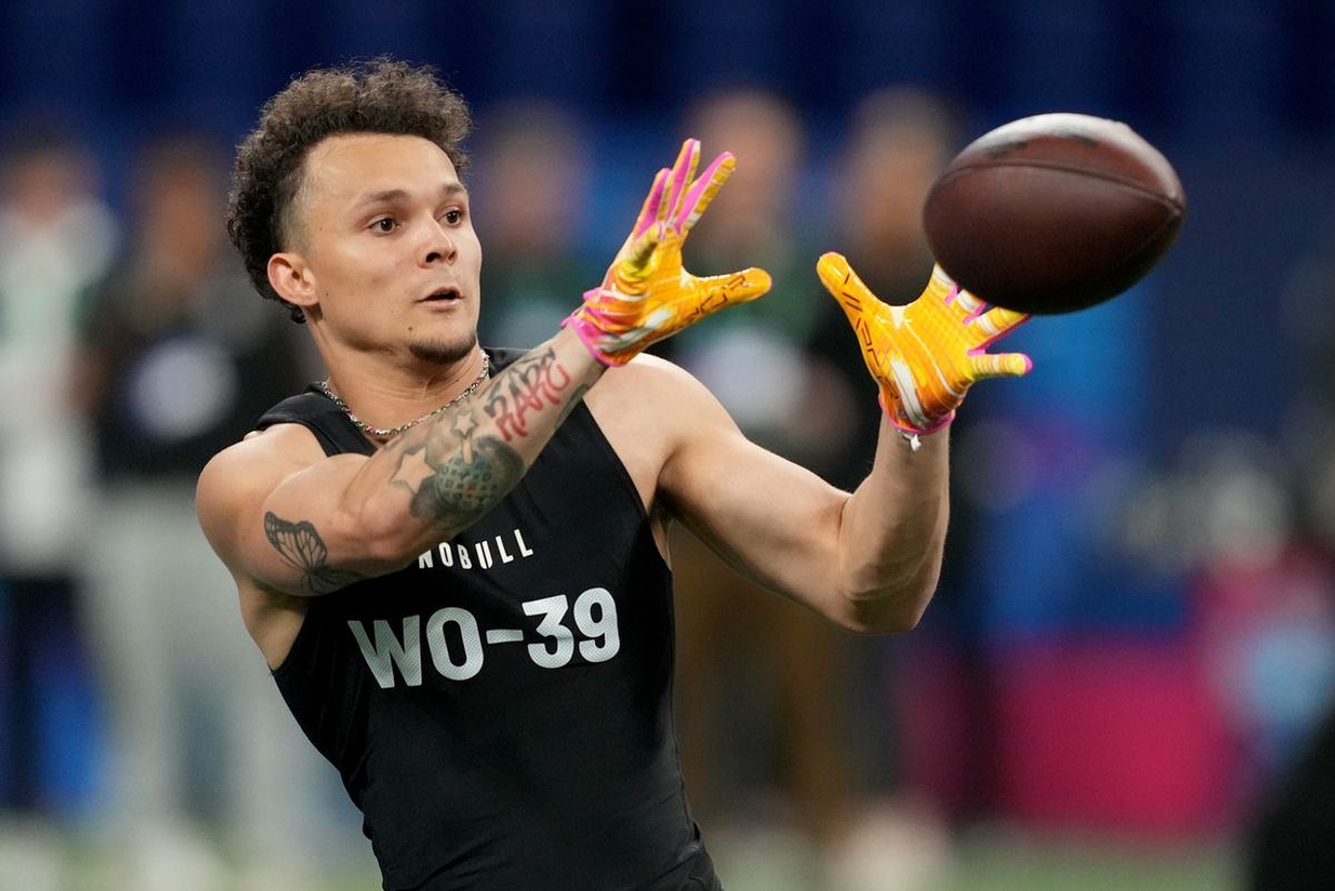 Mar 2, 2024; Indianapolis, IN, USA; Michigan wide receiver Roman Wilson (WO39) during the 2024 NFL Combine at Lucas Oil Stadium. Mandatory Credit: Kirby Lee-USA TODAY Sports