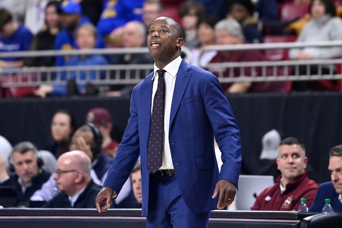 Mar 2, 2024; Chestnut Hill, Massachusetts, USA; Boston College Eagles head coach Earl Grant reacts to game action against the Pittsburgh Panthers during the second half at Conte Forum. Mandatory Credit: Eric Canha-Imagn Images