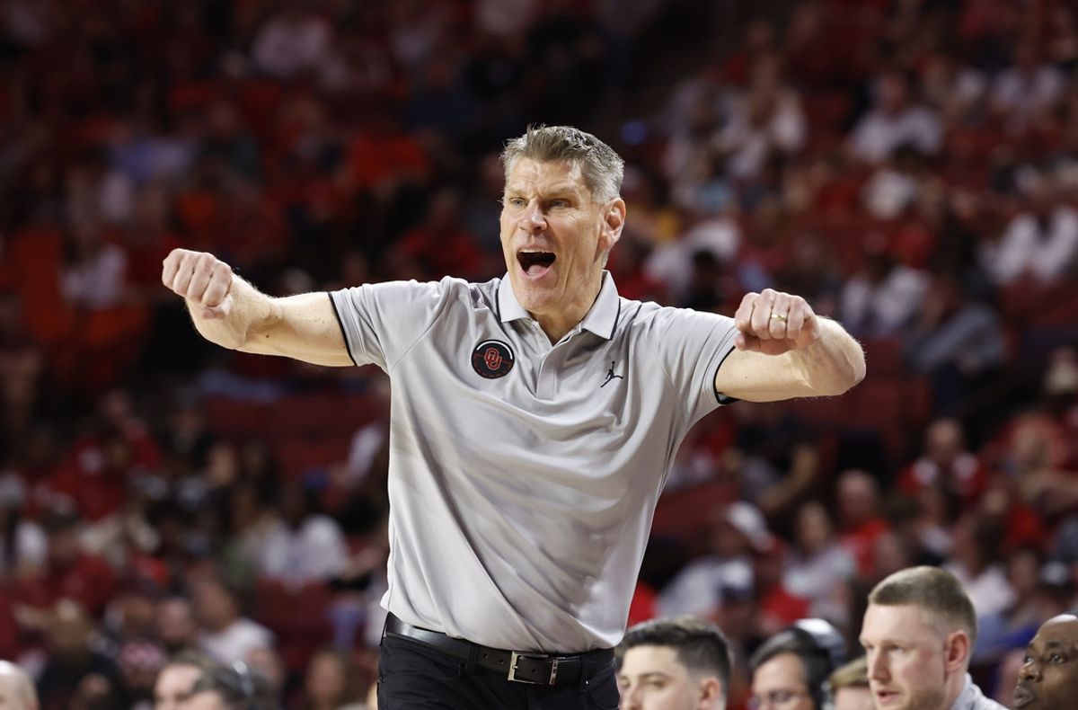 Mar 2, 2024; Norman, Oklahoma, USA; Oklahoma Sooners head coach Porter Moser gestures to his team on a play against the Houston Cougars during the second half at Lloyd Noble Center. Mandatory Credit: Alonzo Adams-Imagn Images