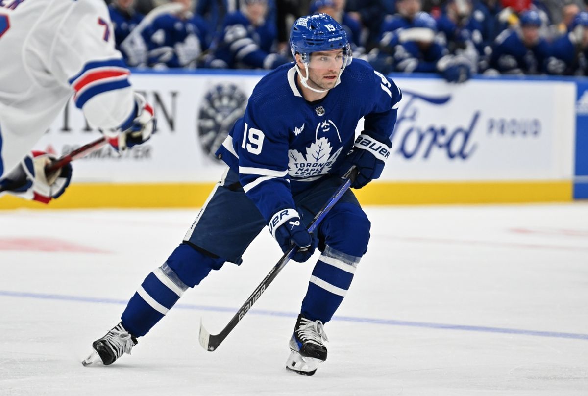 Mar 2, 2024; Toronto, Ontario, CAN;  Toronto Maple Leafs forward Calle Jarnkrok (19) pursues the play against the New York Rangers in the first period at Scotiabank Arena. Mandatory Credit: Dan Hamilton-Imagn Images